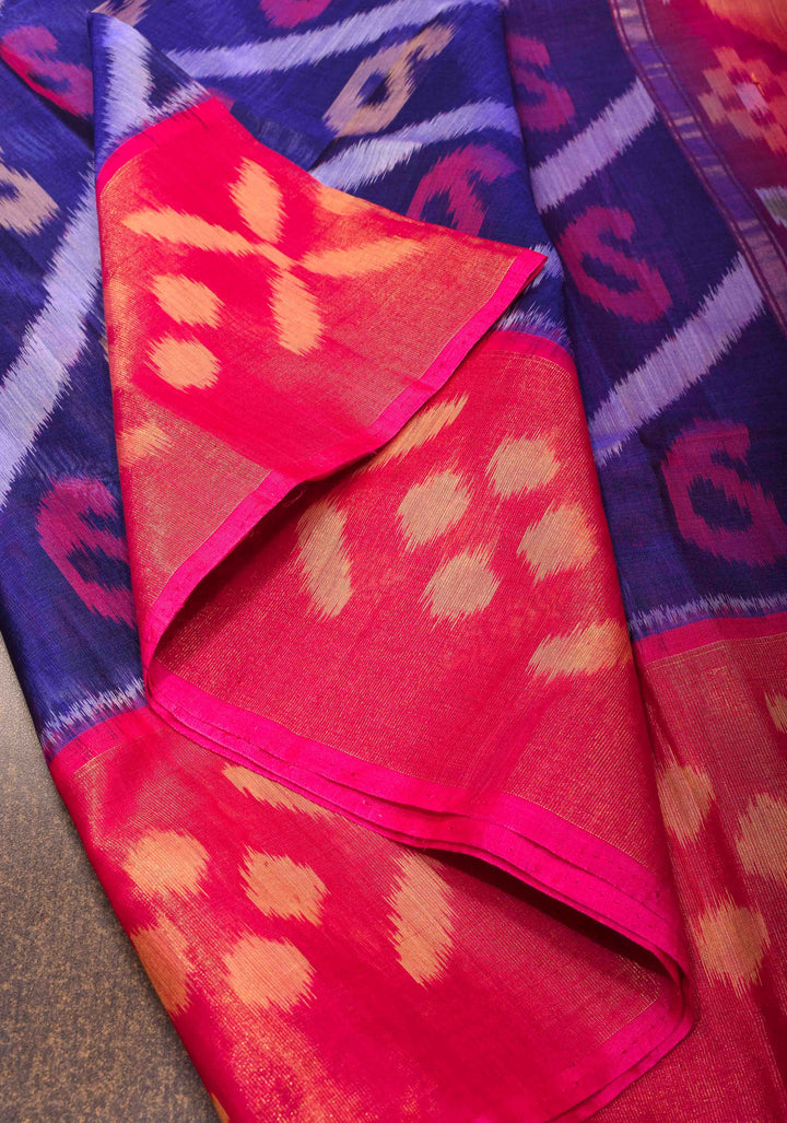 Deep Blue Handwoven Ikkat  Silk Cotton Saree with Contrast Border