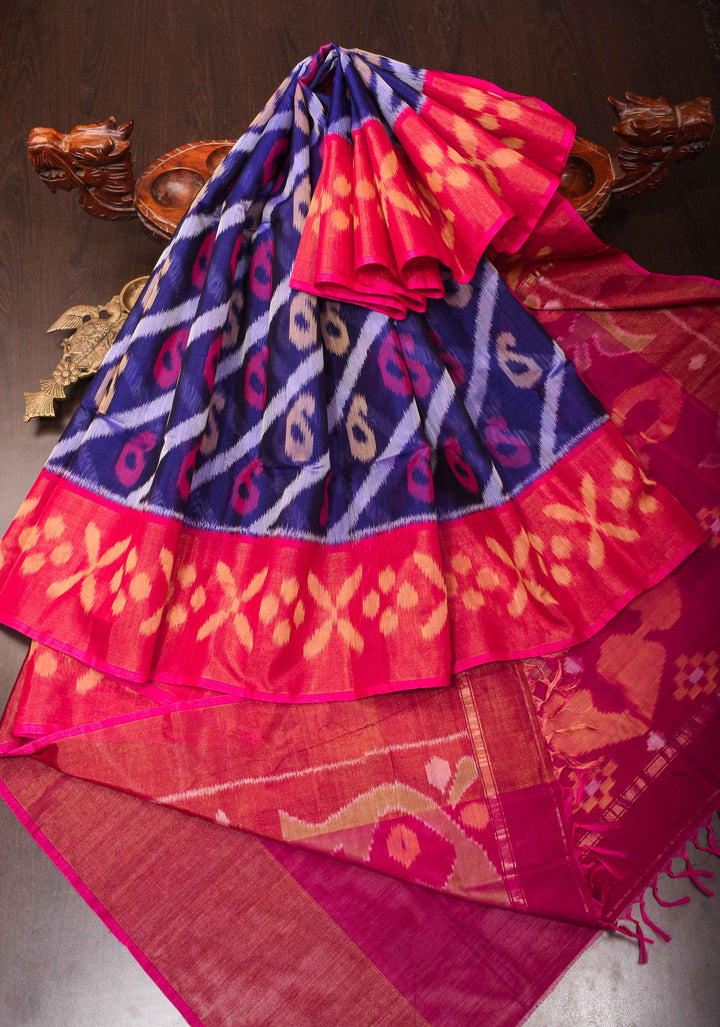Deep Blue Handwoven Ikkat  Silk Cotton Saree with Contrast Border