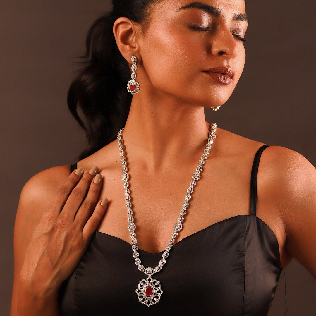 Sparkling Elegance Ruby Radiance Cz Necklace Set | SHOBITAM
