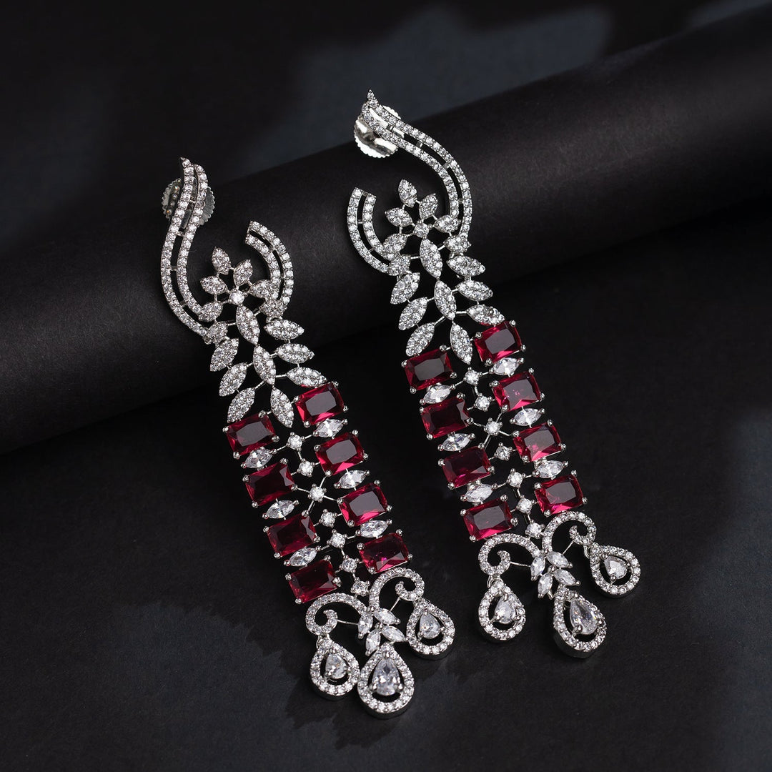 Sparkling Elegance Crimson Ruby American Diamond Dangler Earrings| SHOBITAM
