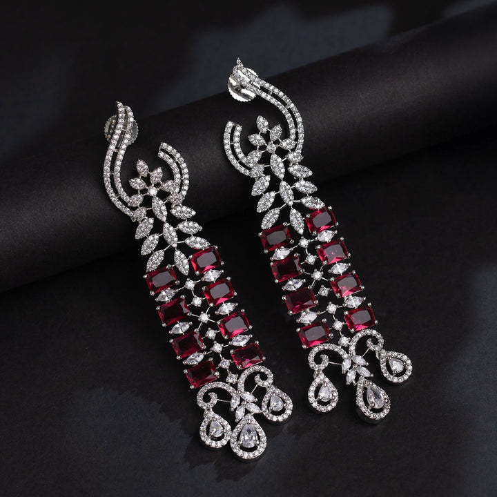 Sparkling Elegance Crimson Ruby American Diamond Dangler Earrings| SHOBITAM
