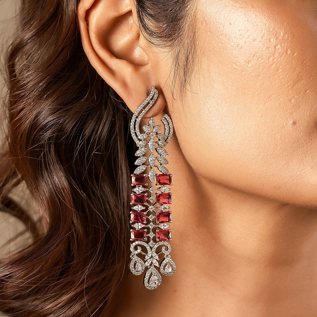 Sparkling Elegance Crimson Ruby American Diamond Dangler Earrings| SHOBITAM