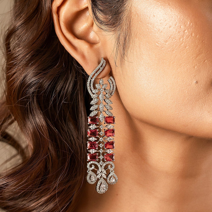 Sparkling Elegance Crimson Ruby American Diamond Dangler Earrings| SHOBITAM