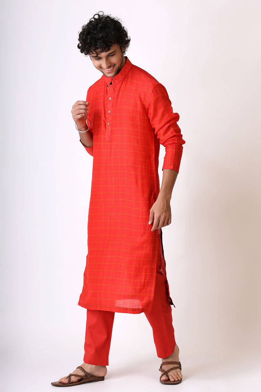 PREM RED CHECKS KURTA PANT SET (set of 2) | SHOBITAM