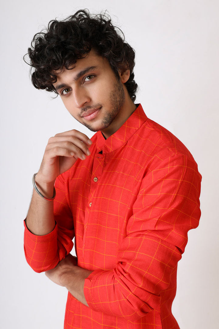 PREM RED CHECKS KURTA PANT SET (set of 2) | SHOBITAM