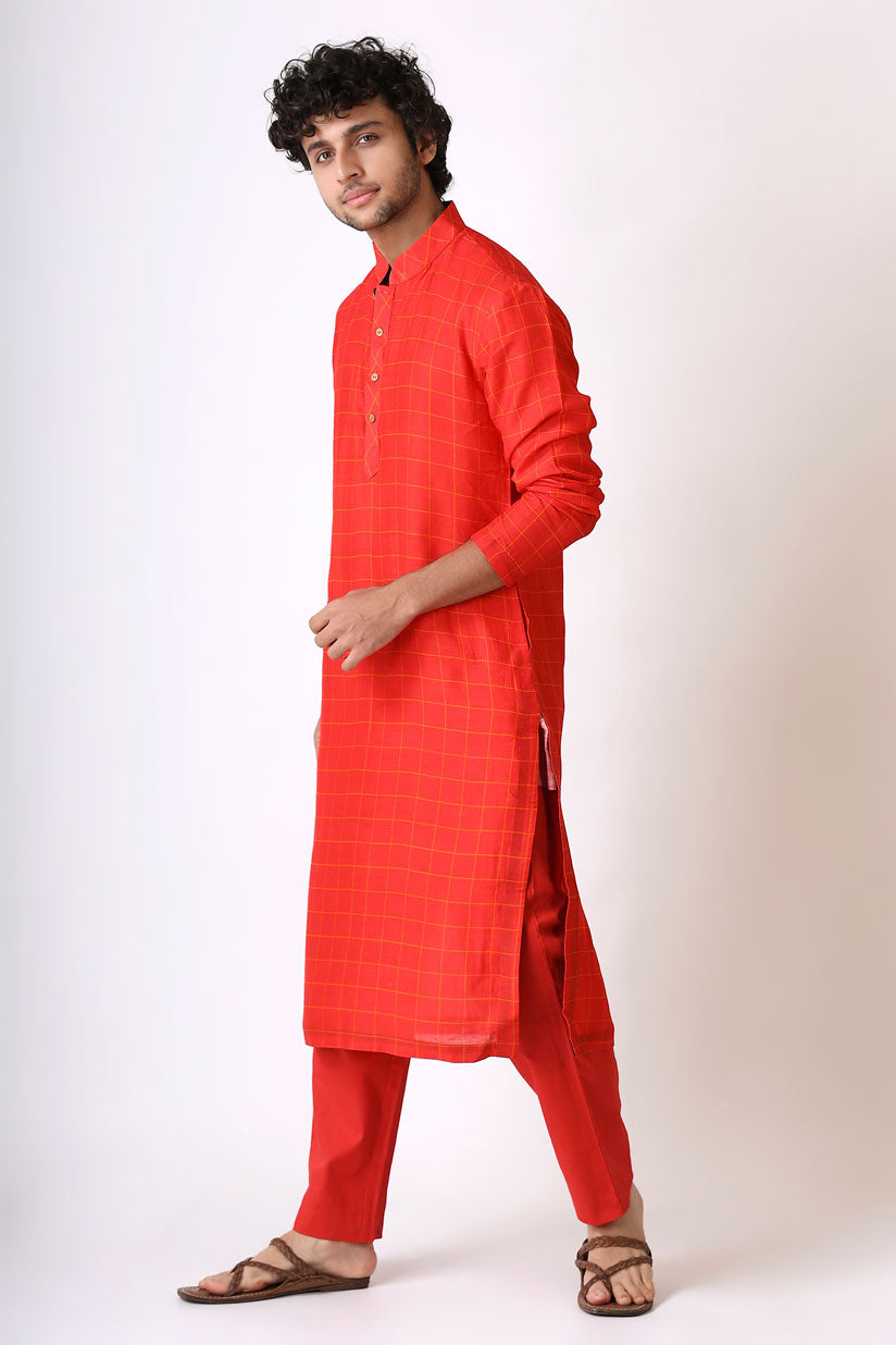 PREM RED CHECKS KURTA PANT SET (set of 2) | SHOBITAM