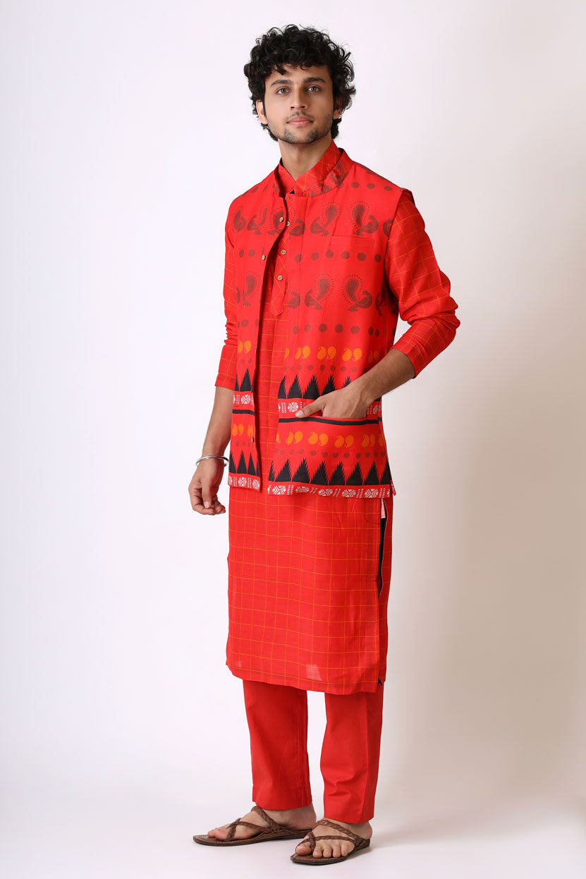 PREM RED MAYIL SET ( kurta + pant + jacket ) | SHOBITAM