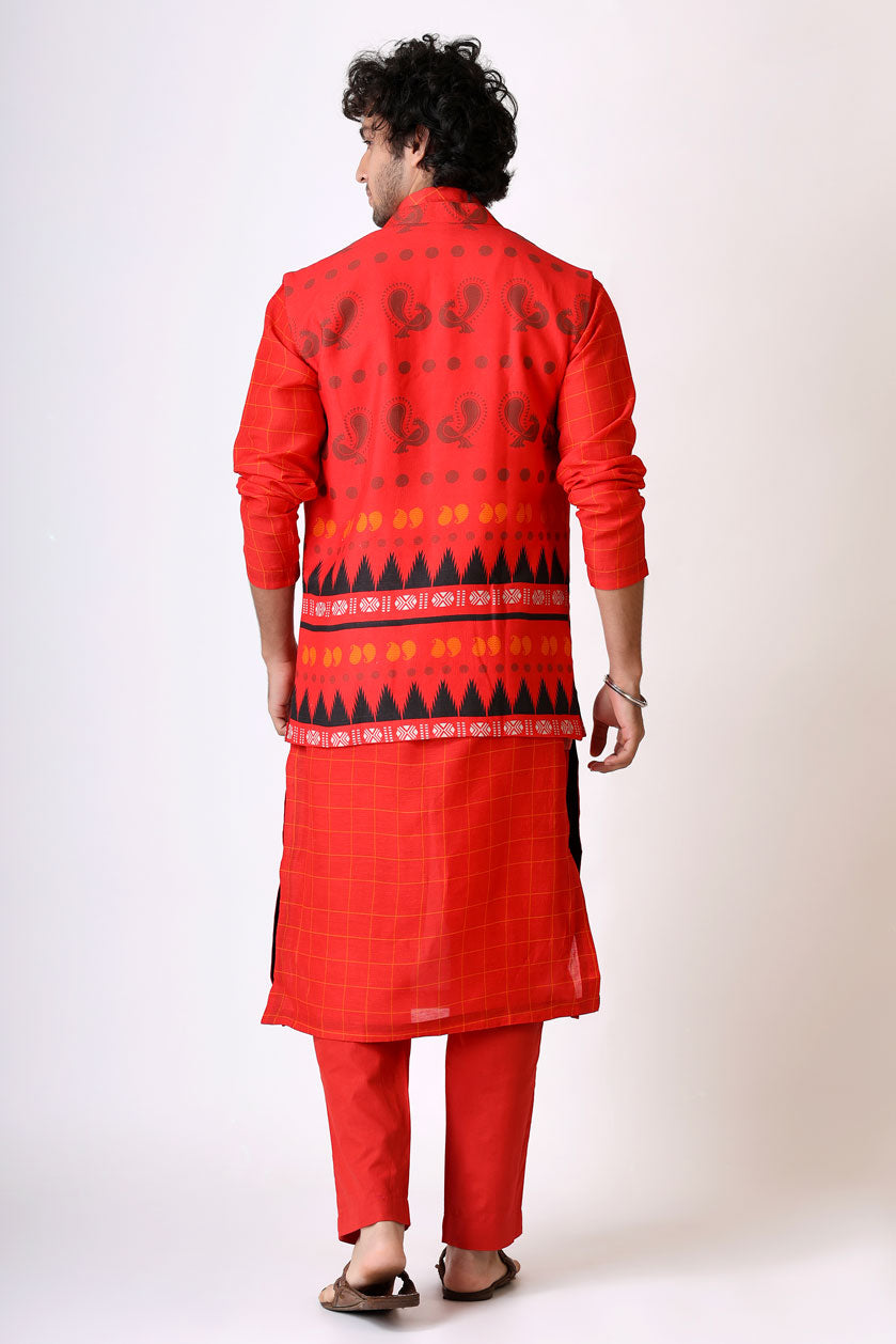 PREM RED MAYIL SET ( kurta + pant + jacket ) | SHOBITAM