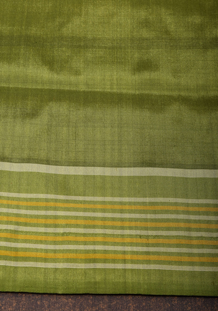 Double  Ikkat Pochampally Exquisite Moss Green Handwoven Pure Silk Saree | SILK MARK CERTIFIED | SHOBITAM