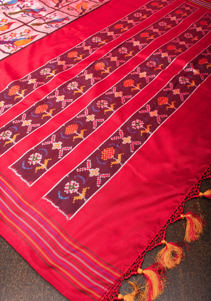 Bird Design Ikkat Pochampally Handwoven Pure Silk Saree in Frost Peach | SILK MARK CERTIFIED