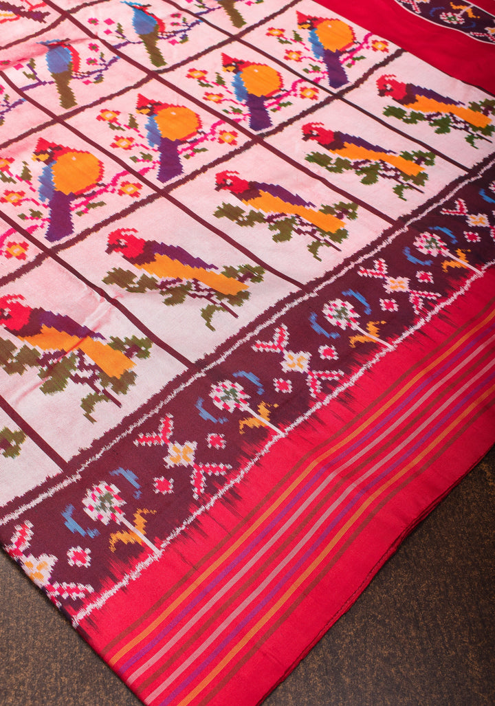 Bird Design Ikkat Pochampally Handwoven Pure Silk Saree in Frost Peach | SILK MARK CERTIFIED