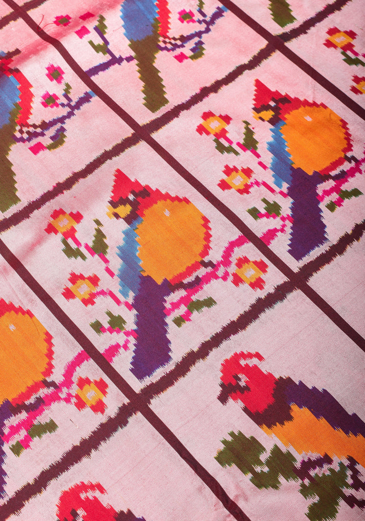 Bird Design Ikkat Pochampally Handwoven Pure Silk Saree in Frost Peach | SILK MARK CERTIFIED