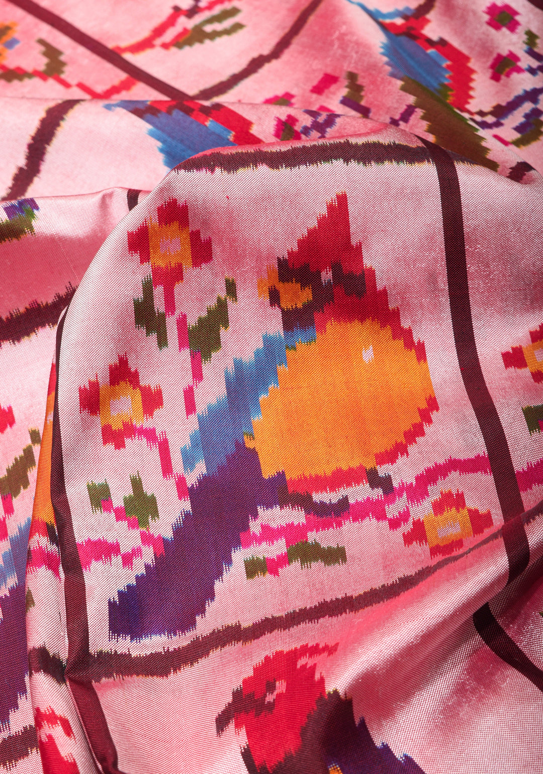 Bird Design Ikkat Pochampally Handwoven Pure Silk Saree in Frost Peach | SILK MARK CERTIFIED