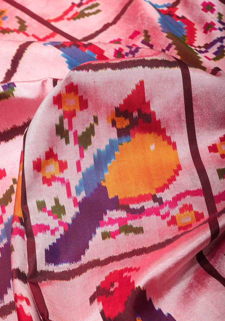 Bird Design Ikkat Pochampally Handwoven Pure Silk Saree in Frost Peach | SILK MARK CERTIFIED
