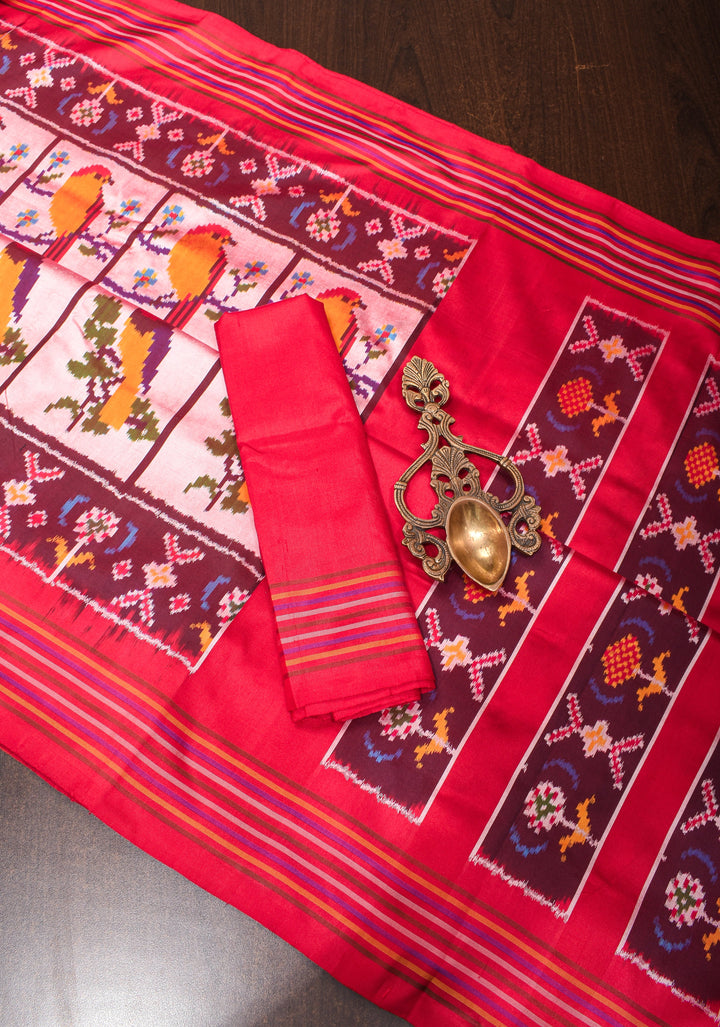 Bird Design Ikkat Pochampally Handwoven Pure Silk Saree in Frost Peach | SILK MARK CERTIFIED