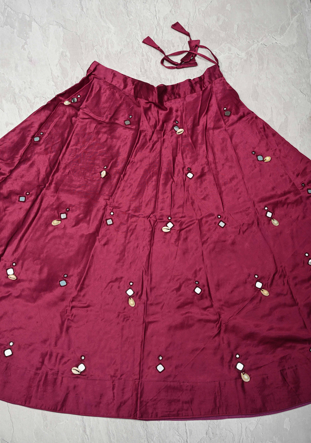 Wine Modal Silk Skirt with Chunky Kutchi Mirror Embroidery, Handmade Skirt, made to order