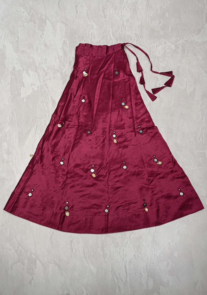 Wine Modal Silk Skirt with Chunky Kutchi Mirror Embroidery, Handmade Skirt, made to order