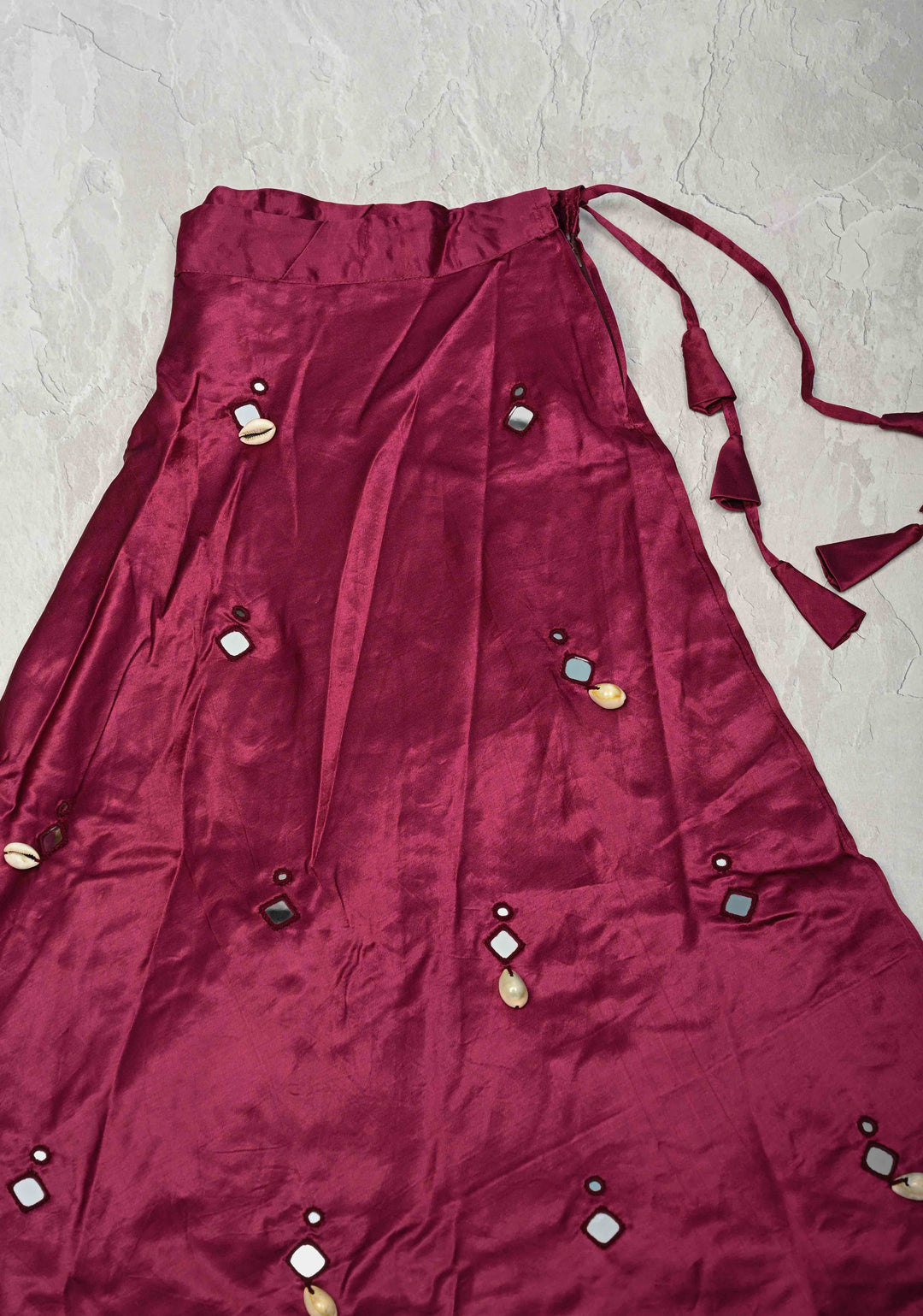 Wine Modal Silk Skirt with Chunky Kutchi Mirror Embroidery, Handmade Skirt, made to order