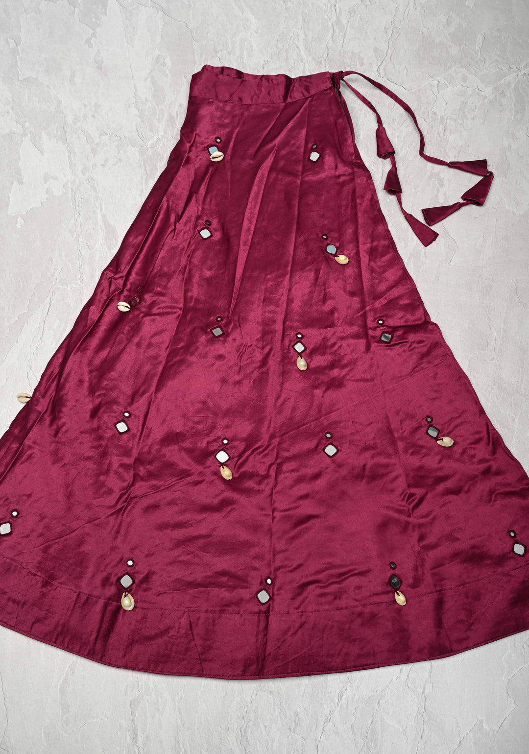 Wine Modal Silk Skirt with Chunky Kutchi Mirror Embroidery, Handmade Skirt, made to order