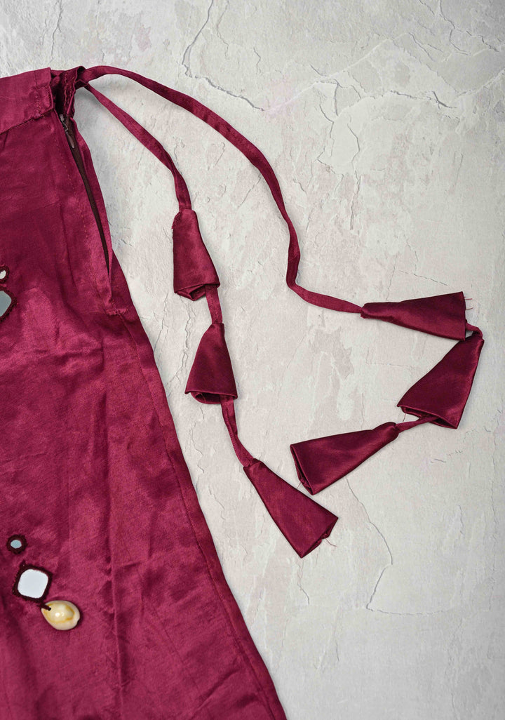 Wine Modal Silk Skirt with Chunky Kutchi Mirror Embroidery, Handmade Skirt, made to order