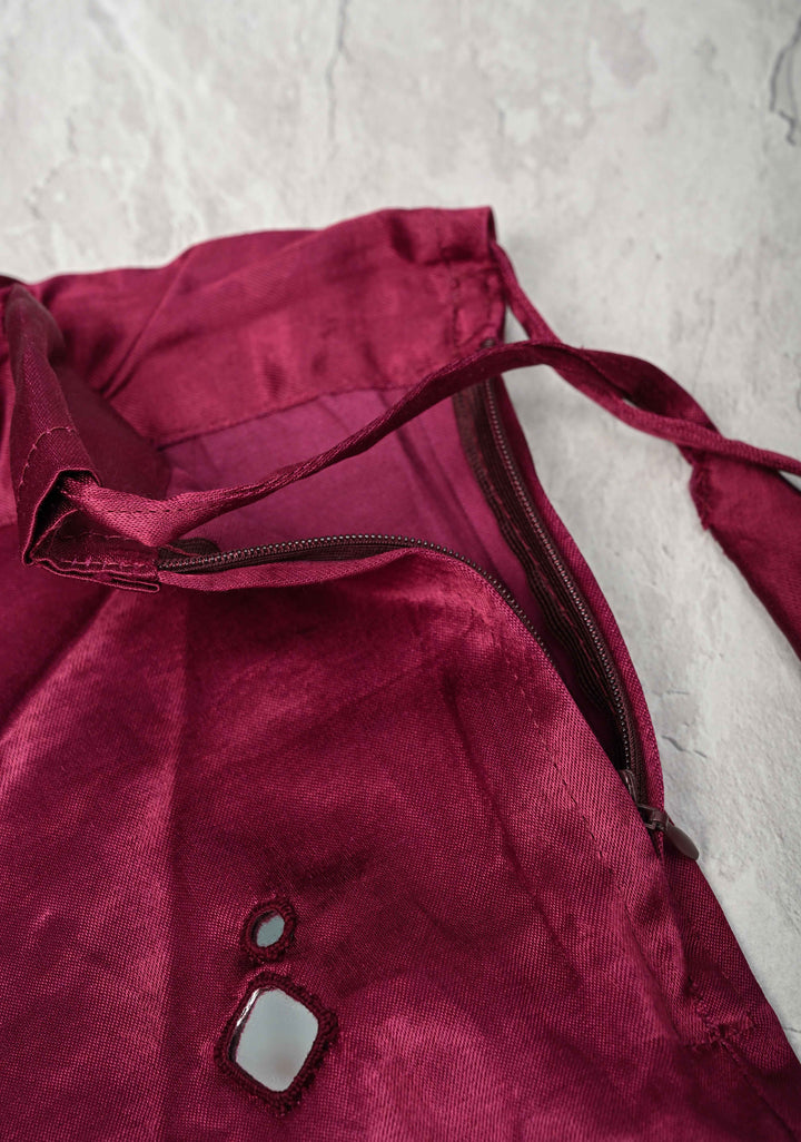 Wine Modal Silk Skirt with Chunky Kutchi Mirror Embroidery, Handmade Skirt, made to order