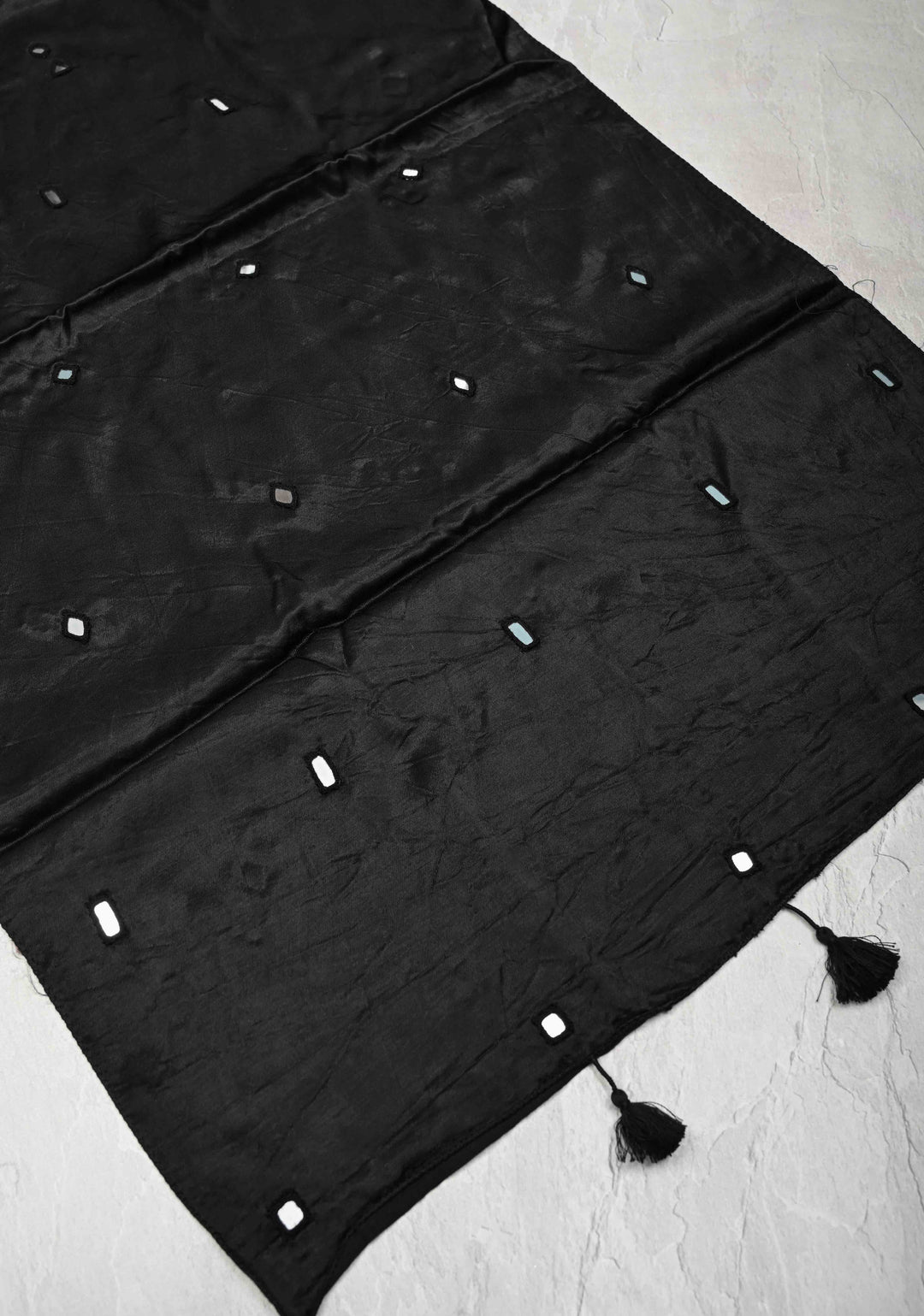 Black Satin Silk Stole with Kutch Mirror work