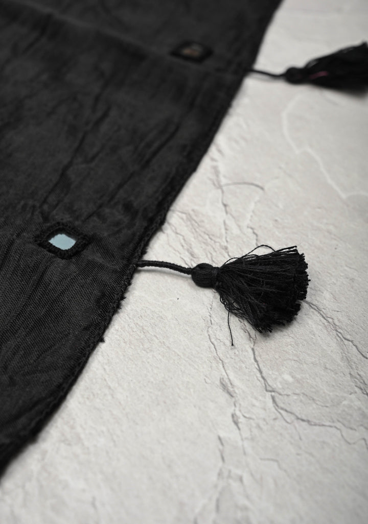 Black Satin Silk Stole with Kutch Mirror work