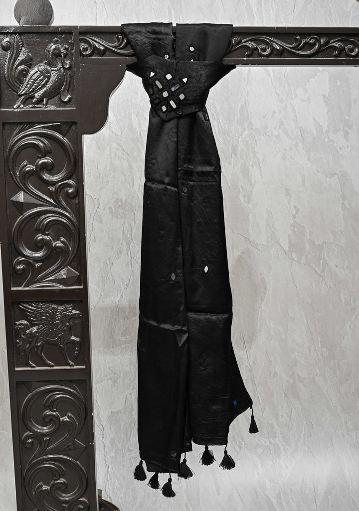 Black Satin Silk Stole with Kutch Mirror work