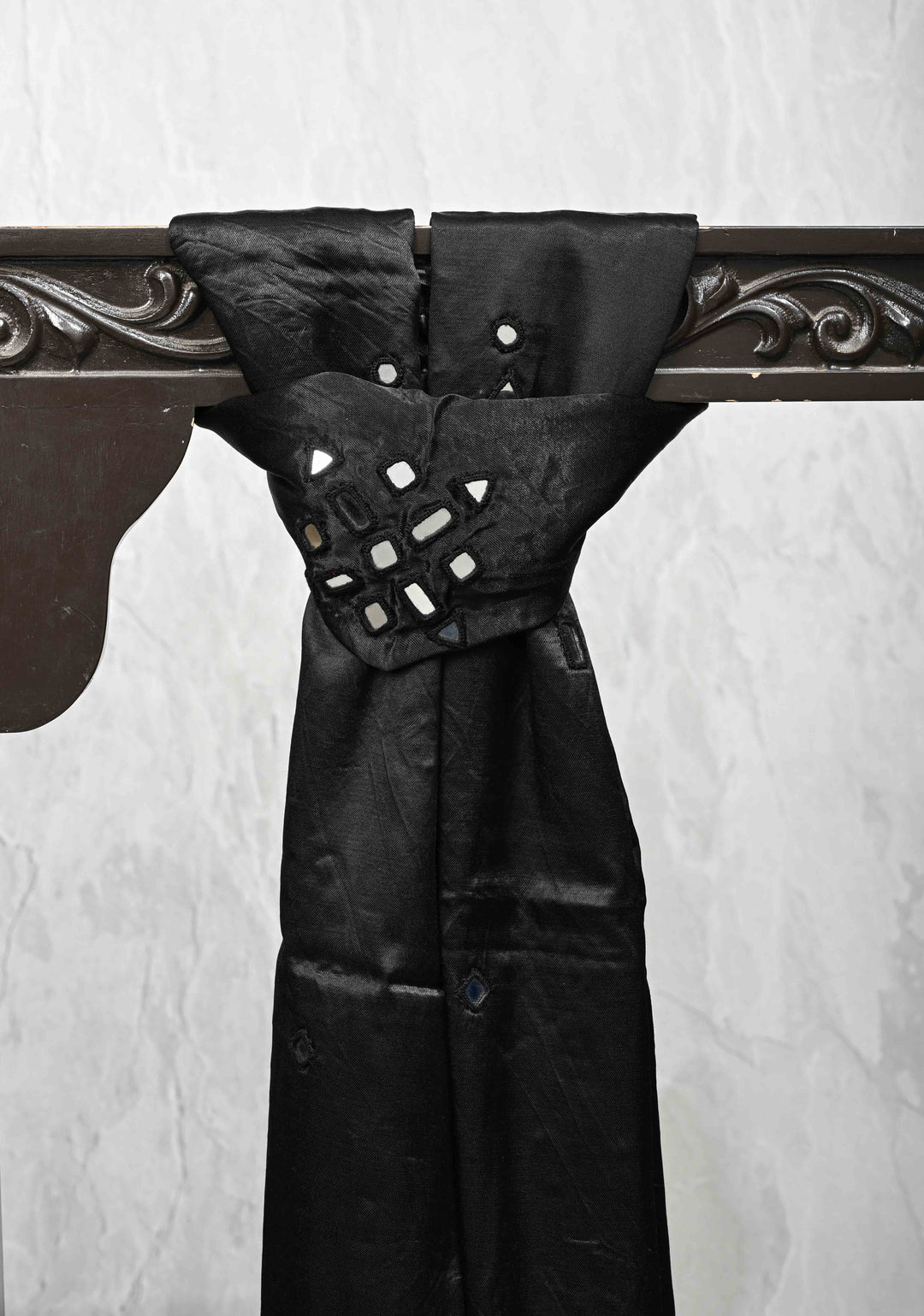 Black Satin Silk Stole with Kutch Mirror work