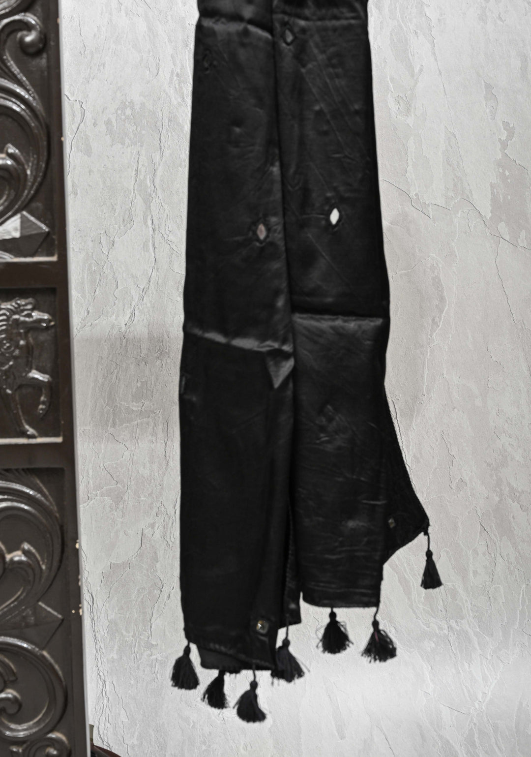 Black Satin Silk Stole with Kutch Mirror work
