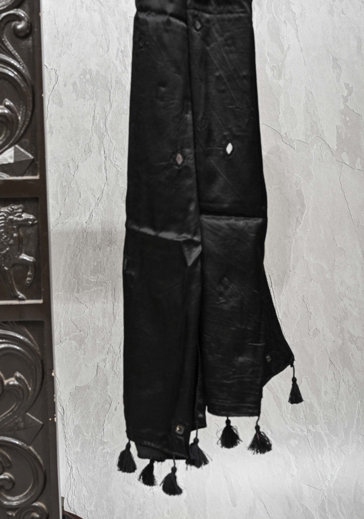 Black Satin Silk Stole with Kutch Mirror work