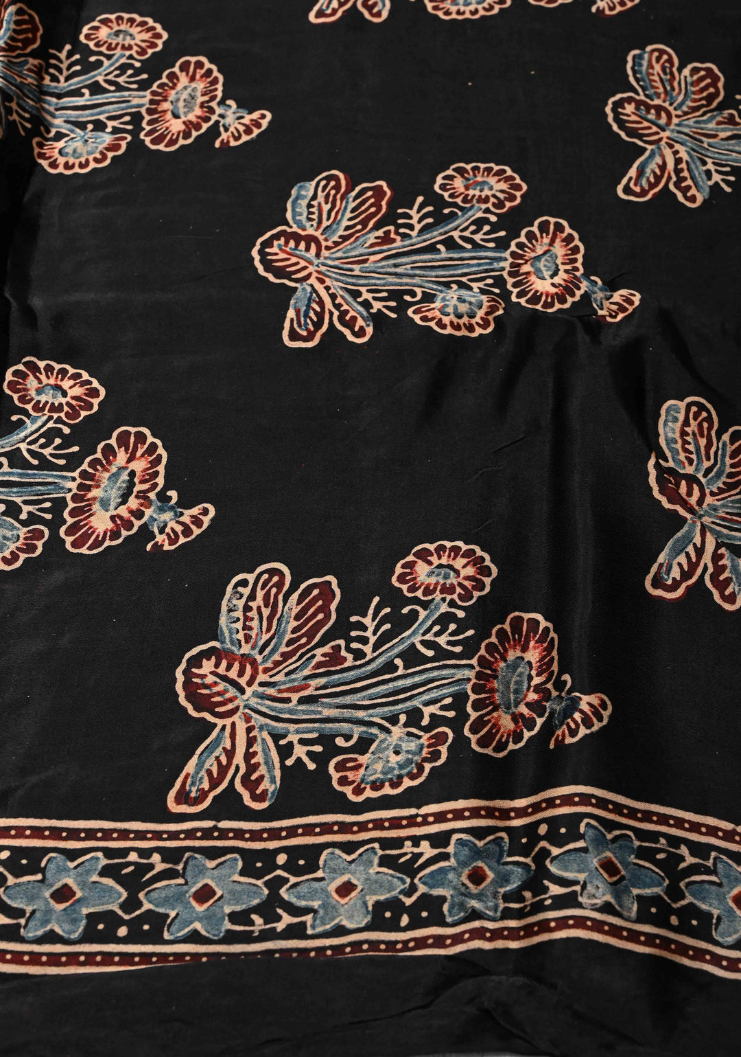 Black Modal Silk Saree With Hand Block Print