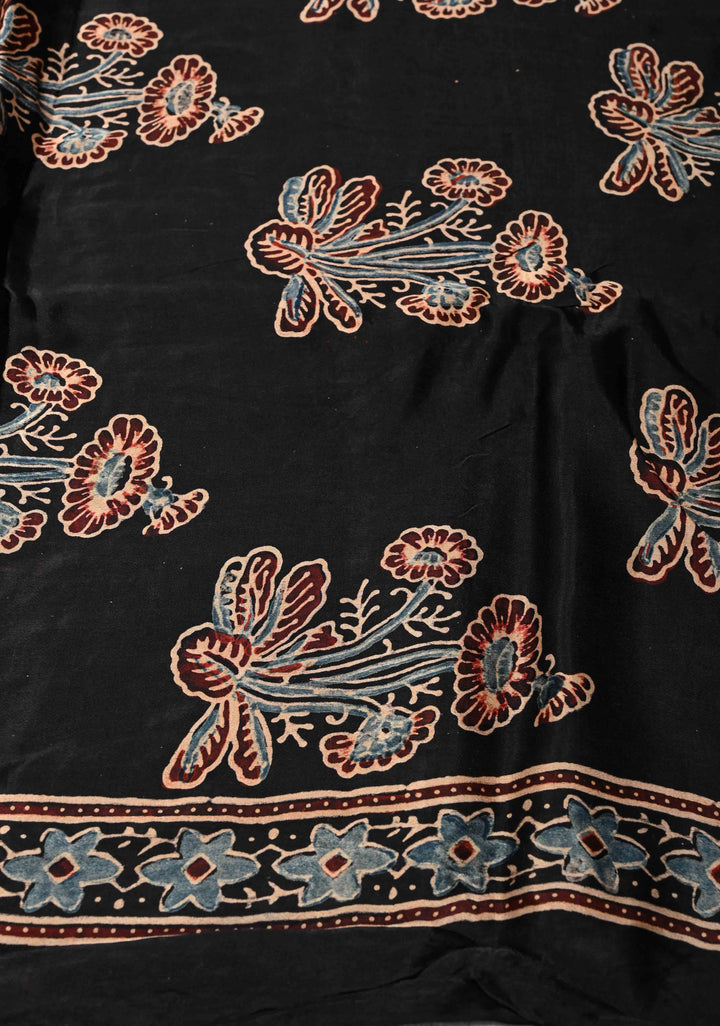 Black Modal Silk Saree With Hand Block Print