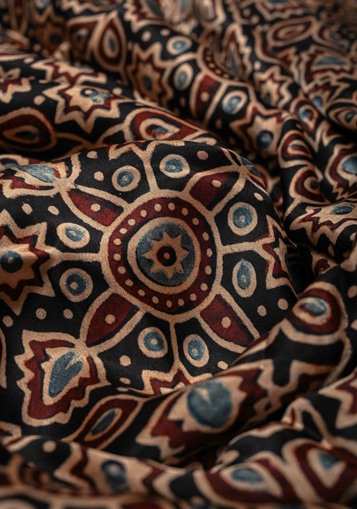 Black Modal Silk Saree With Hand Block Print