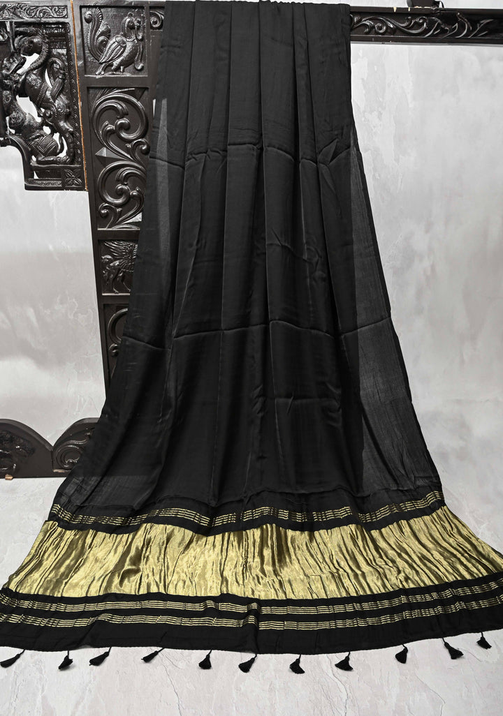 Black Modal Silk Saree with Crushed Lagda Zari Pallu