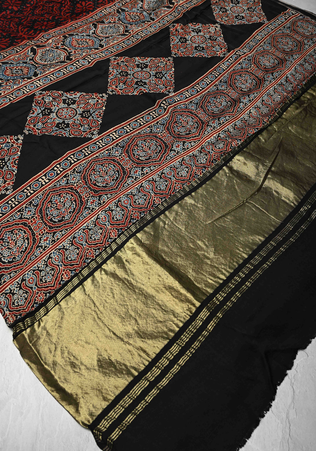 Black Hand Block Print on Modal Silk Saree with Floral Design
