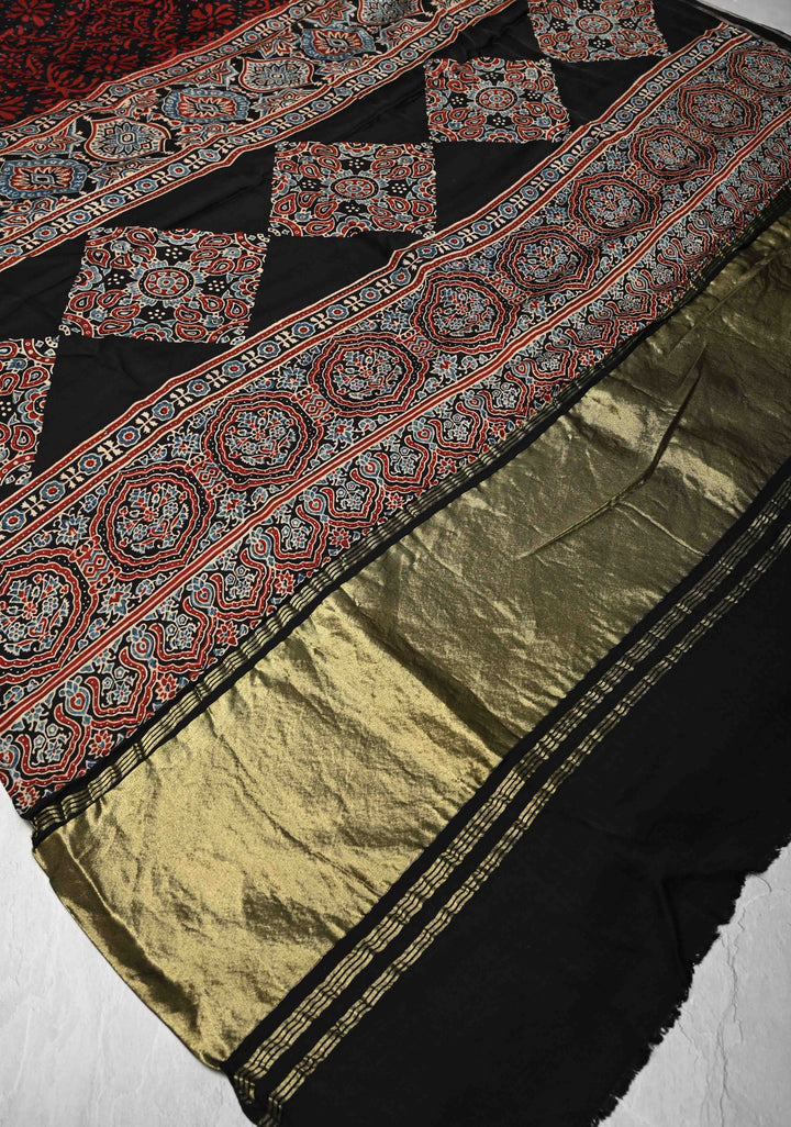 Black Hand Block Print on Modal Silk Saree with Floral Design