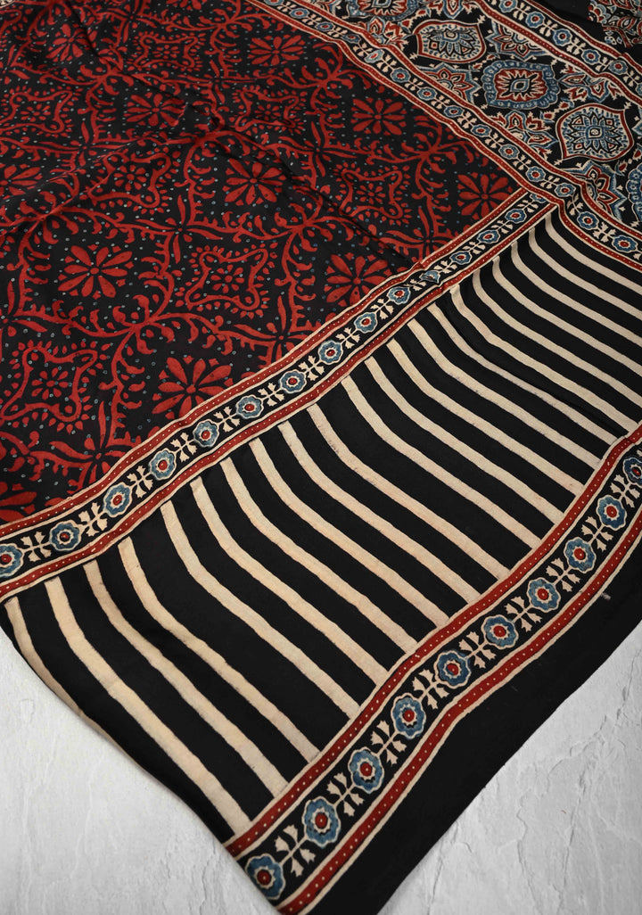 Black Hand Block Print on Modal Silk Saree with Floral Design