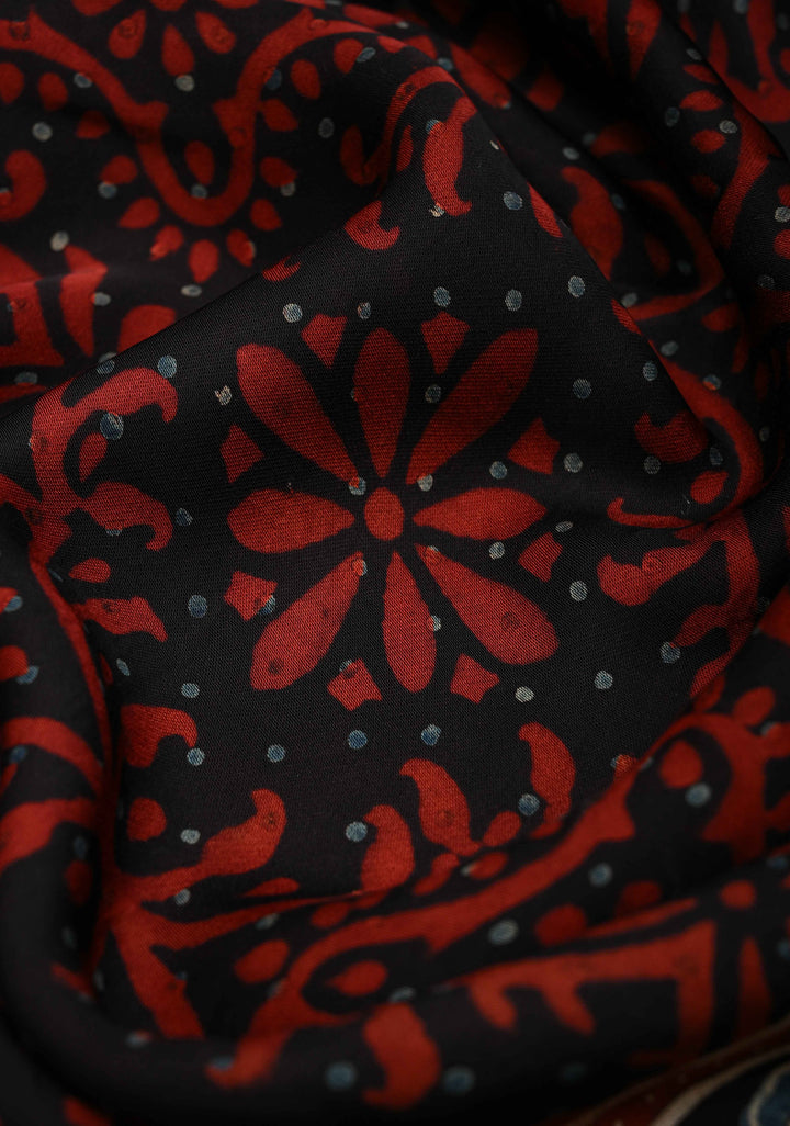 Black Hand Block Print on Modal Silk Saree with Floral Design