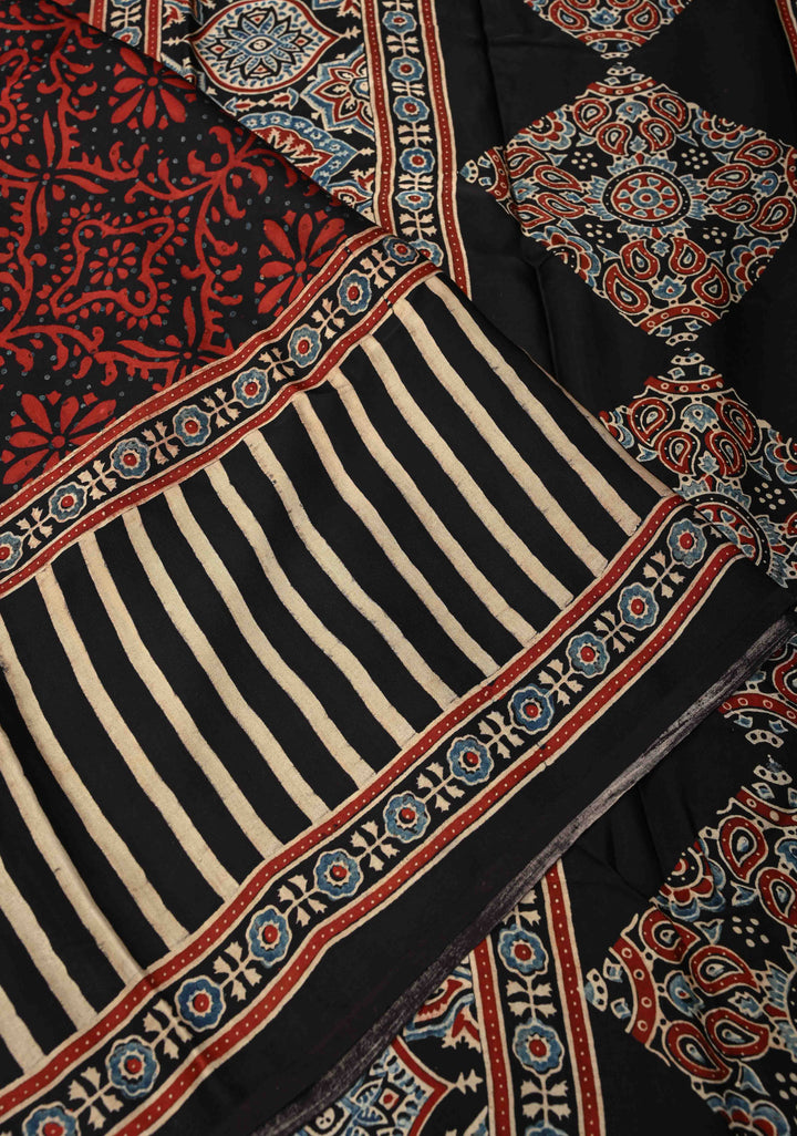 Black Hand Block Print on Modal Silk Saree with Floral Design