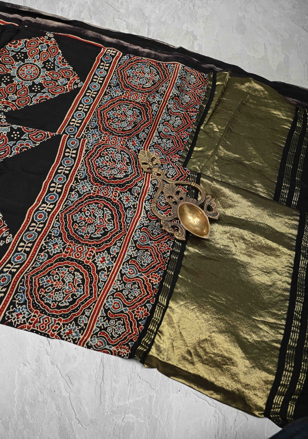 Black Hand Block Print on Modal Silk Saree with Floral Design