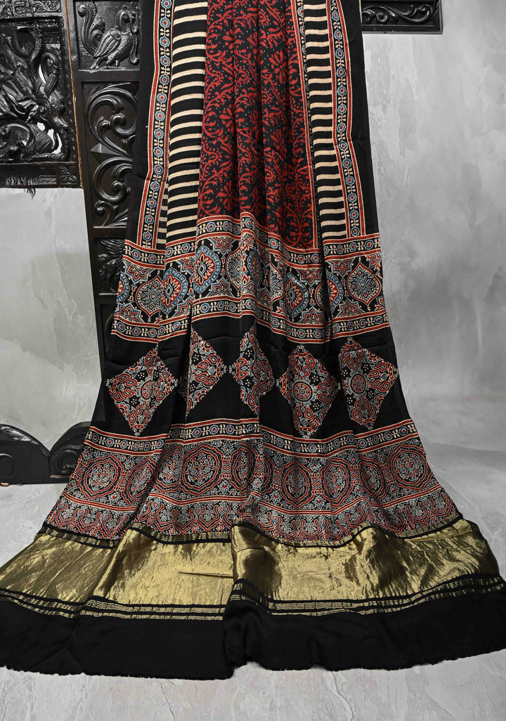 Black Hand Block Print on Modal Silk Saree with Floral Design
