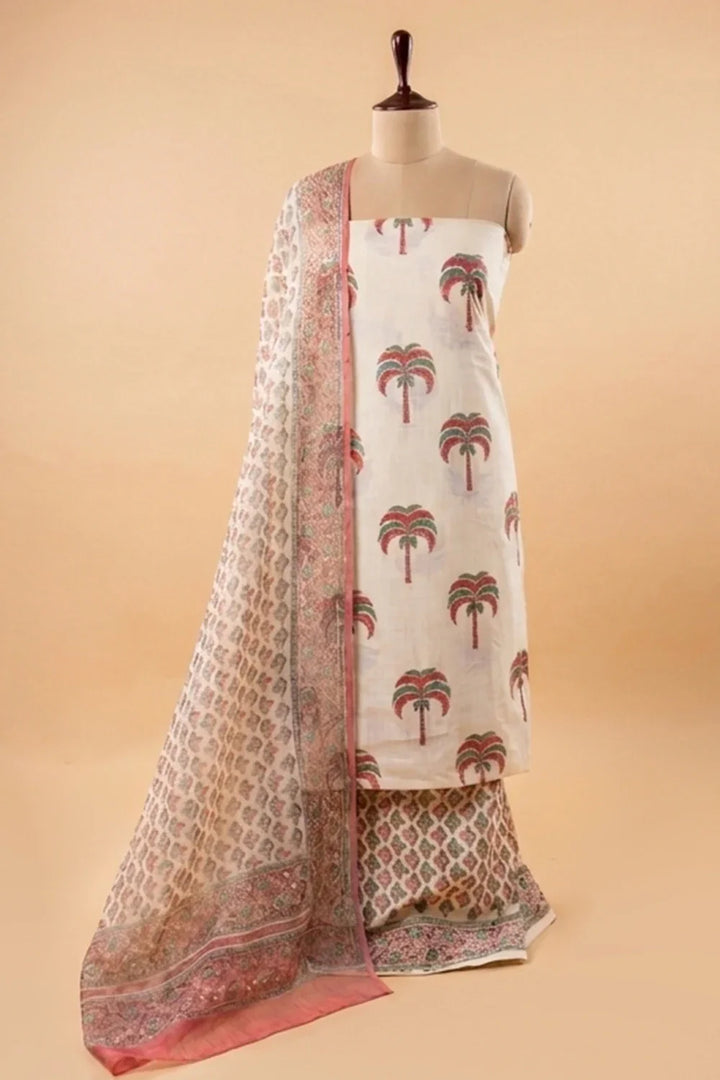 Beige Palm Hand Block Print Suit Set With Dupatta | SHOBITAM