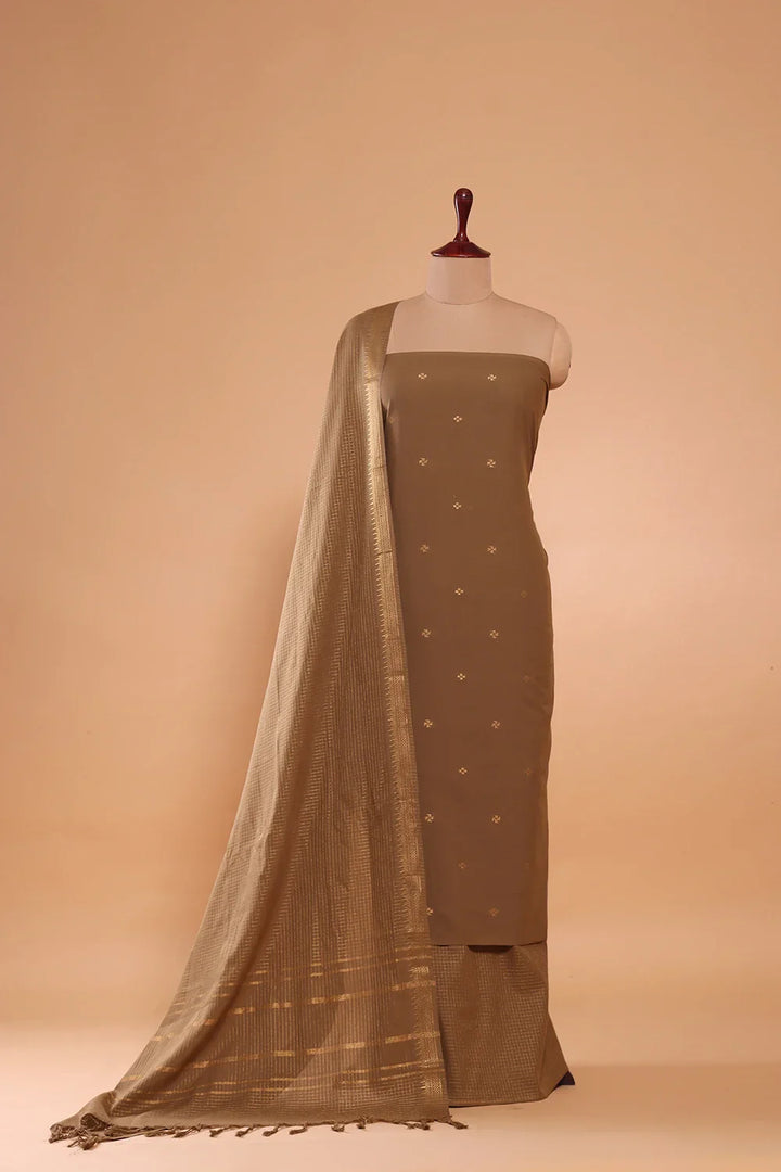 Earthy Brown Cotton Woven Suit Set with Subtle Buti & Zari Dupatta | SHOBITAM