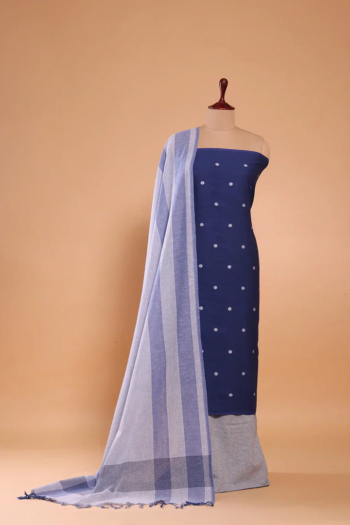 Navy Blue and White Woven Suit Set with Subtle Buti & Stripes Dupatta | SHOBITAM