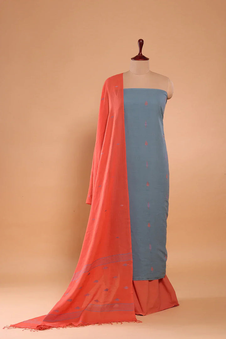 Handloom Zen Blue Pure Cotton Jamdani Suit Set With Dupatta | SHOBITAM