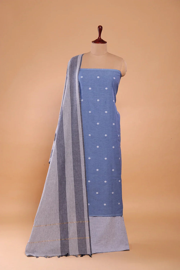 Sky Blue and White Woven Suit Set with Subtle Buti & Stripes Dupatta | SHOBITAM