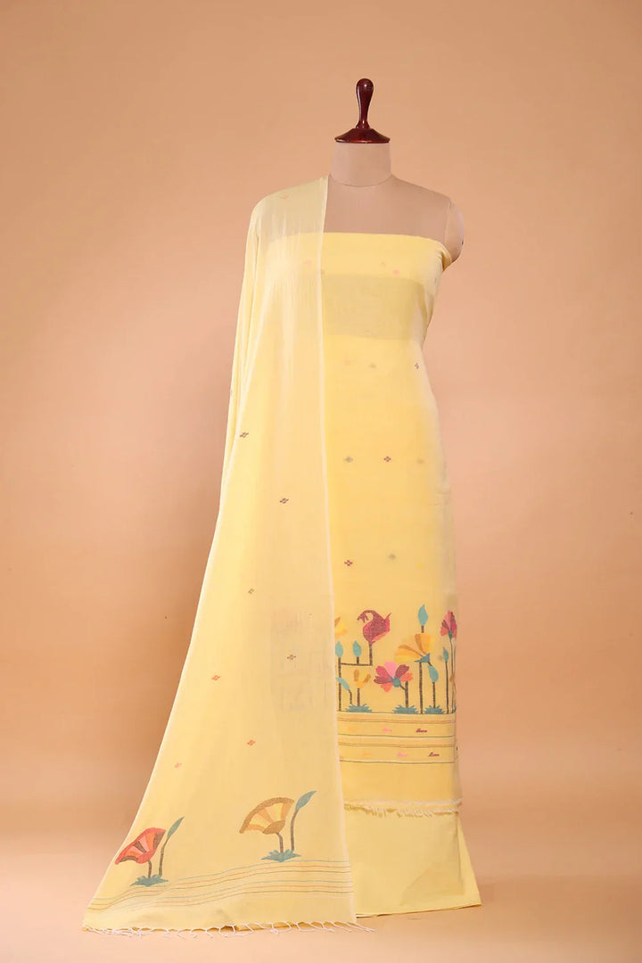 Handloom Cotton Soft Yellow Jamdani Suit Set With Dupatta | SHOBITAM