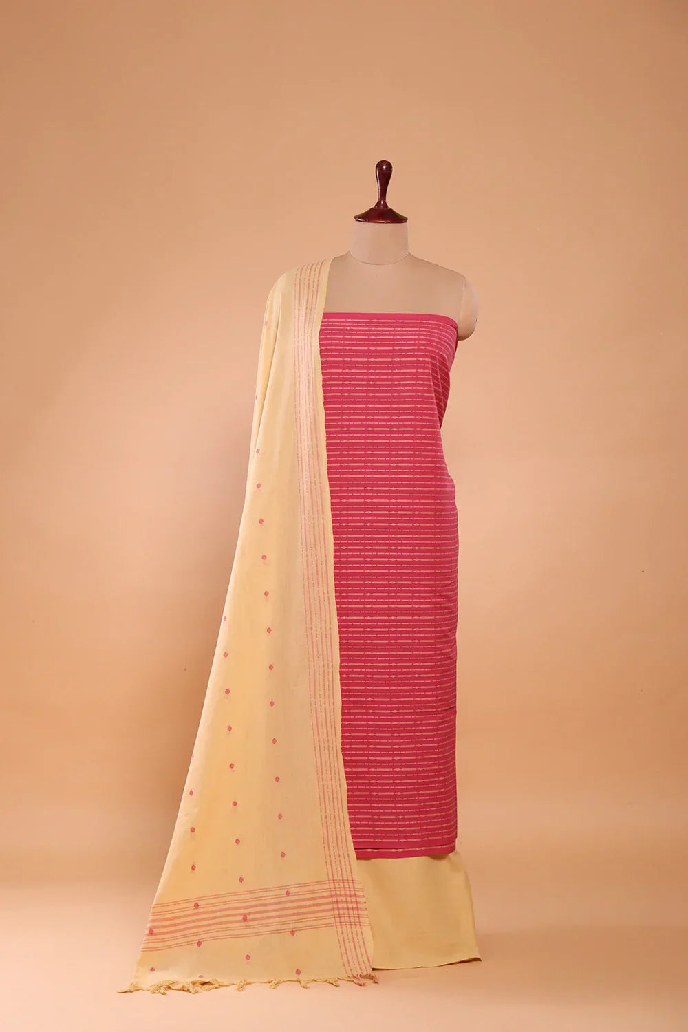 Pink & Beige Woven Suit Set with Subtle Buti & Dupatta | SHOBITAM