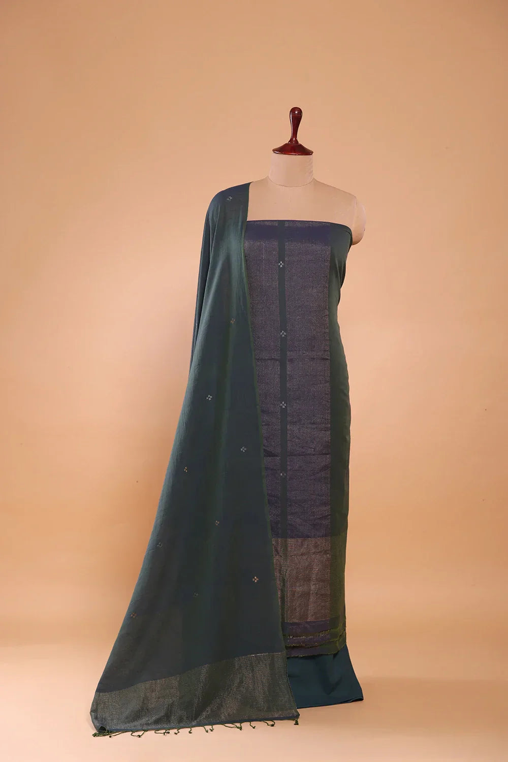 Handloom Teal Green Cotton Zari Jamdani Suit Set with Dupatta | SHOBITAM